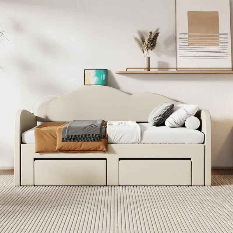 Beige / Pink / Grey Velvet Twin Daybed with Pop-Up Trundle & 2 Drawers, Sleeps 2