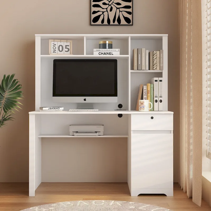 Computer Desk with Bookshelf,Wood Desk Teens Writing Laptop Home Office Desk with Drawers,3 AC Outlets and 2 USB Charging Ports