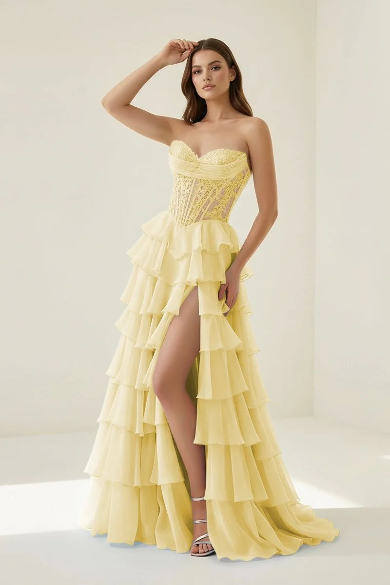 Yellow - Strapless A Line Chiffon Ruffled Prom Dresses With Appliques