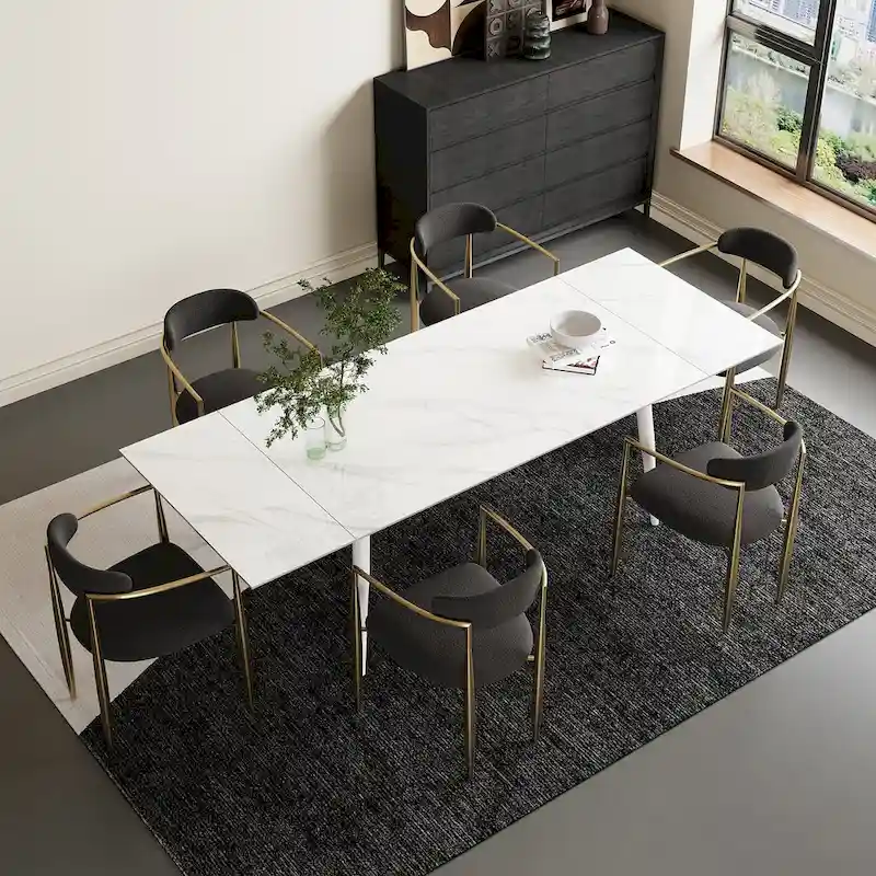 7 - Piece Extendable Sintered Stone Dining Table Dining Set With 6 Fabric Chairs