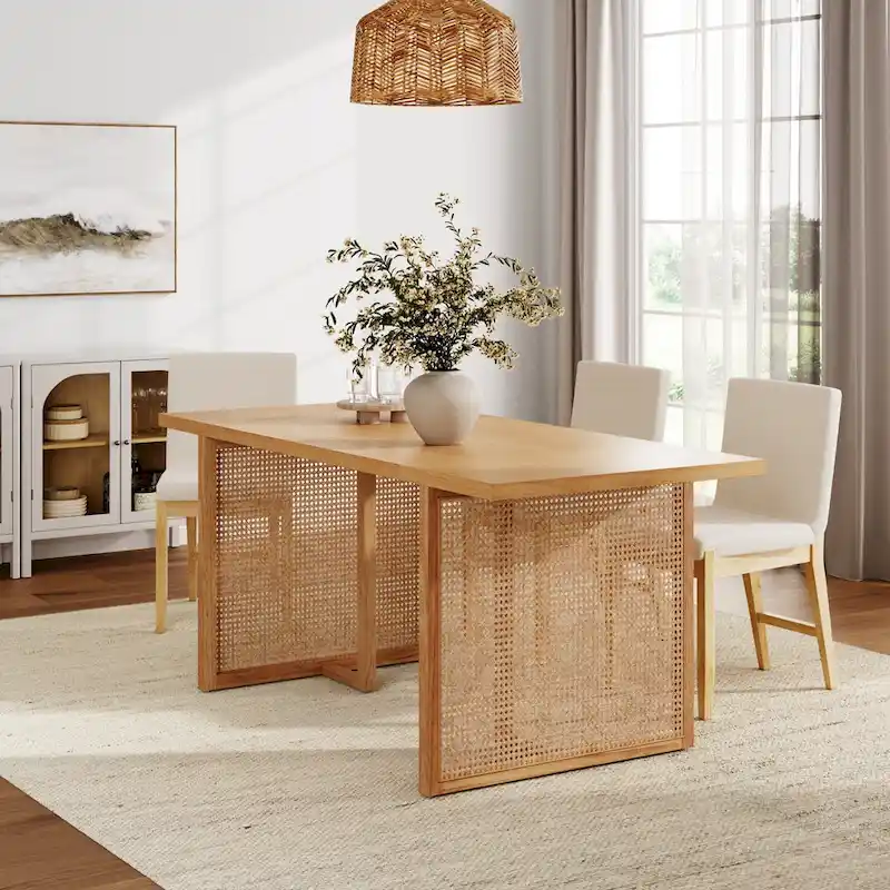 Warm Pine Boho Rattan 6-Person Dining Table