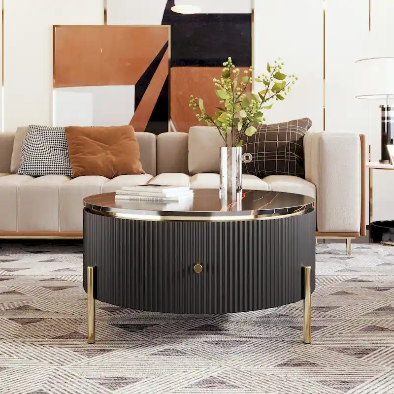 Round Marble-Pattern Coffee Table – White & Gold / Black & Gold, 2 Drawers, Seats 2–4