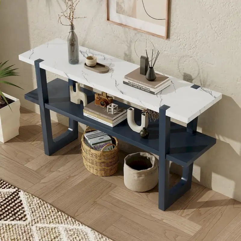 Narrow Console Table with Marble-Effect Top(Navy)