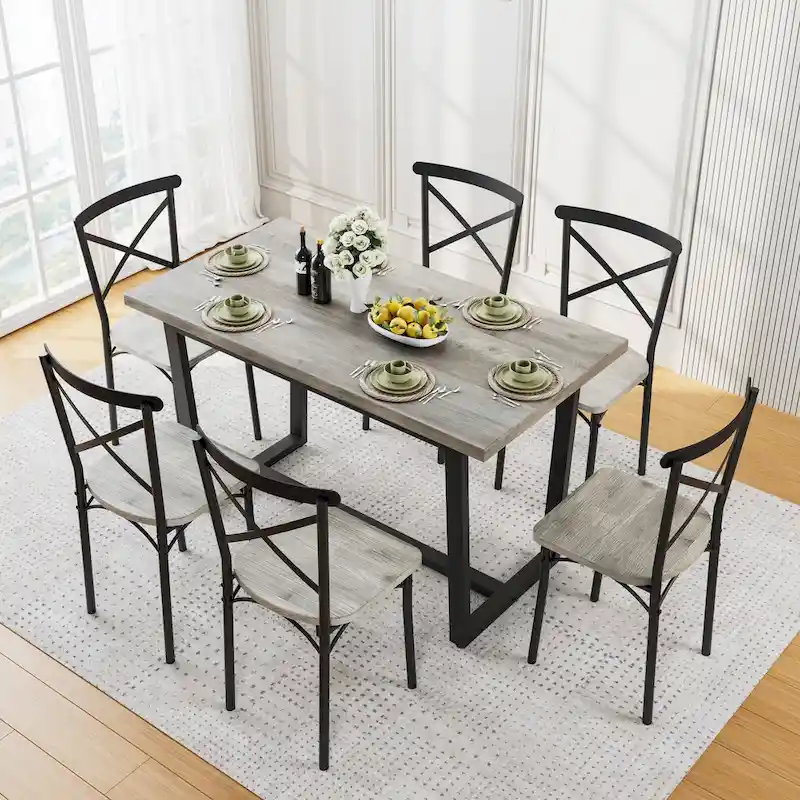 Modern Style 7-Piece Dining Set with Rectangular Table and 6 Cross Back Dining Chairs