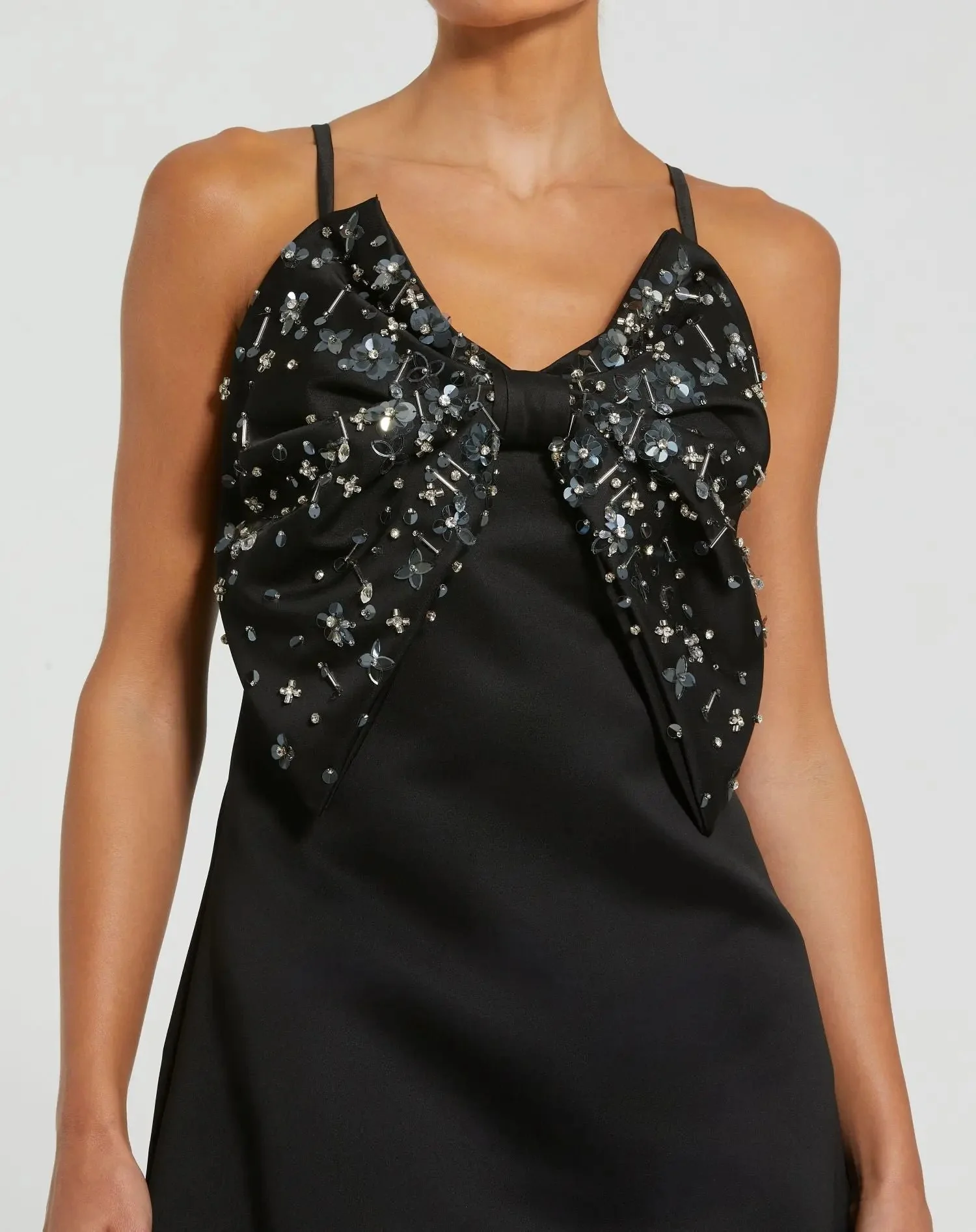 Black Sleeveless Satin A-Line Beaded Bow Mini Dress