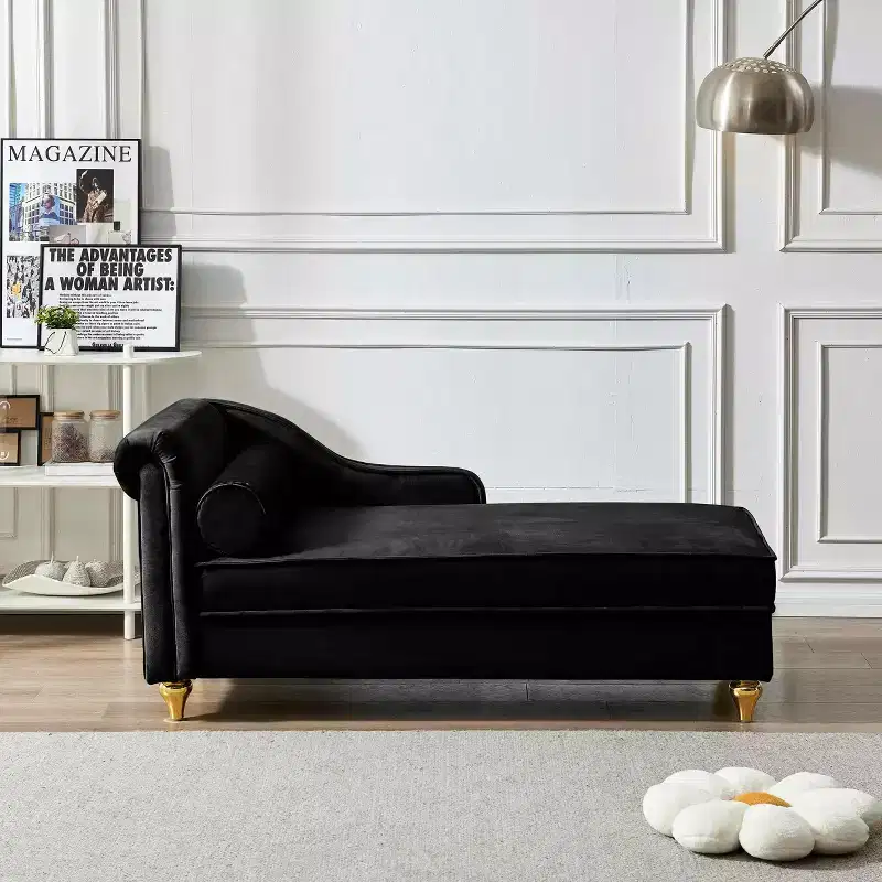 MAYEERTY Modern Upholstered Chaise Sofa with Storage Upholstered Velvet for Living Room Bedroom Black