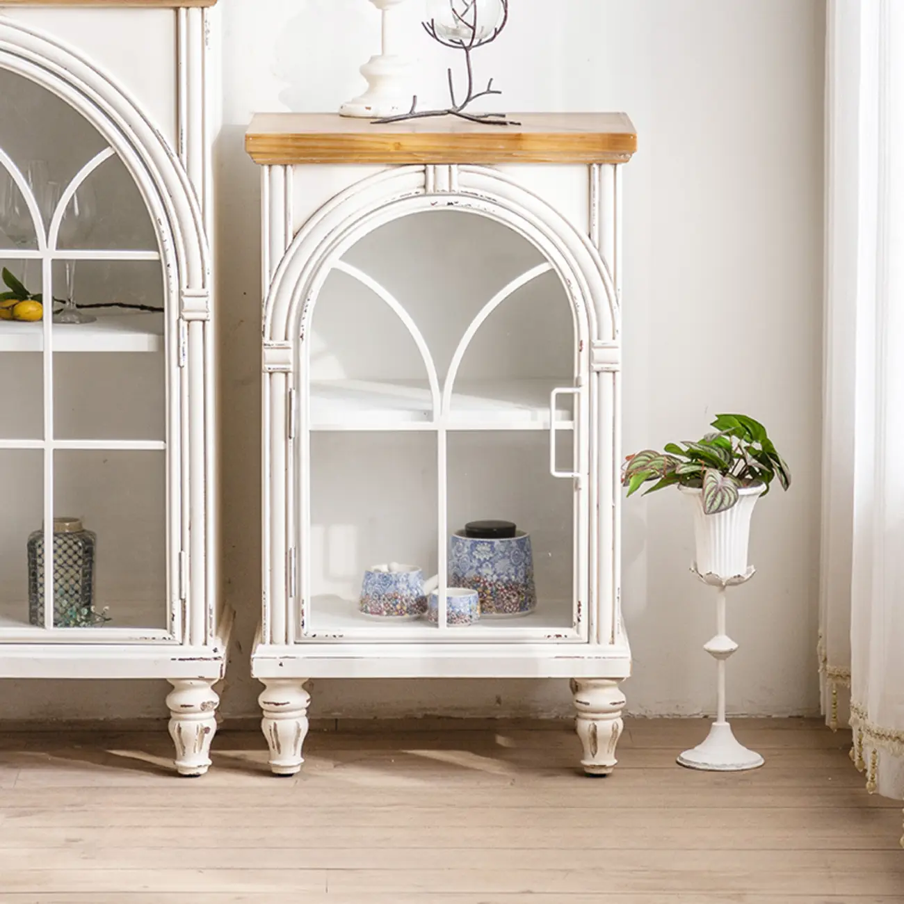 French Country Rectangle Storage Cabinet Arch Glass Door