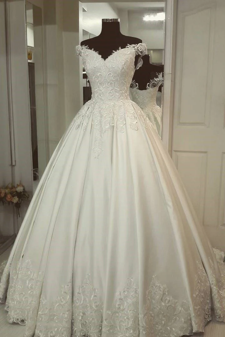 A-Line Off-the-Shoulder Ivory Wedding Gown with Appliques
