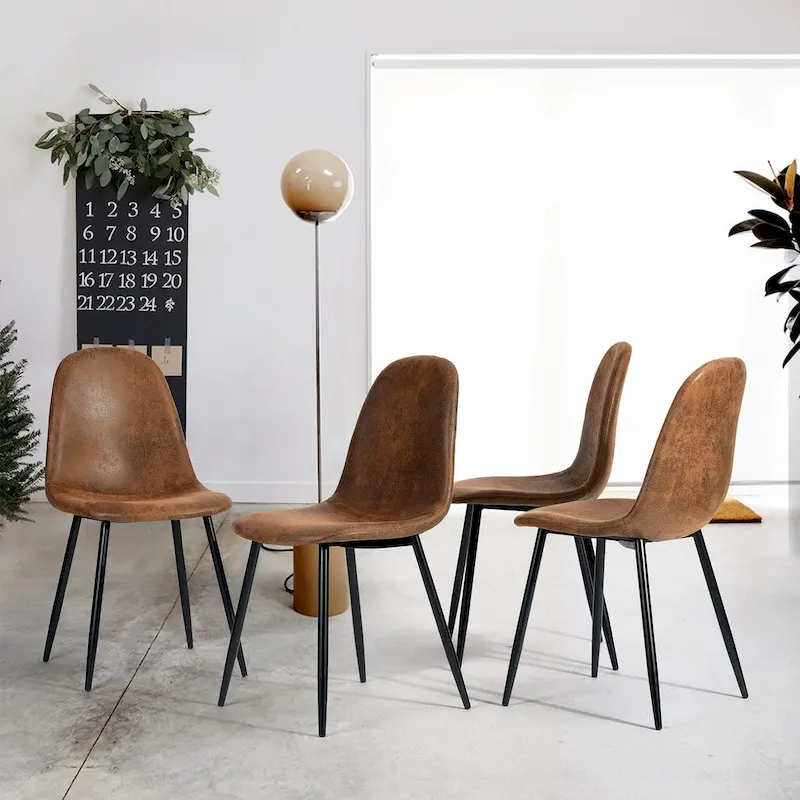 Dining Chair Set of 4 Suede Fabric Side Seating with Black Metal Legs