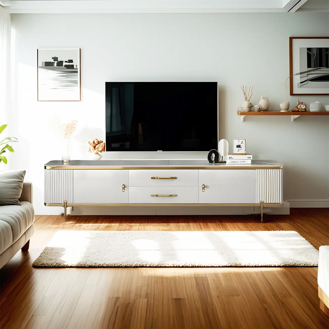 71 White Stone Fluted Panels Gold Trim TV Stand with Cabinet