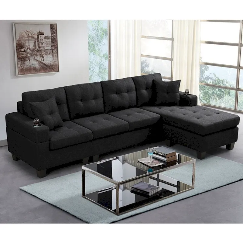 L-Shape Sectional Sofa with Storage Chaise & Cup Holder – Grey / Black, Multi-Seat