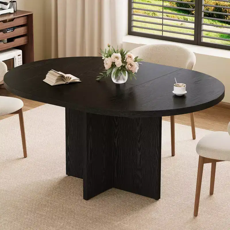 43.3''-59'' Extendable Dining Table for 4-8, Wood Kitchen Table with Hidden Storage & Cross Base, Modern Dinner Table for Kitchen Dining Room