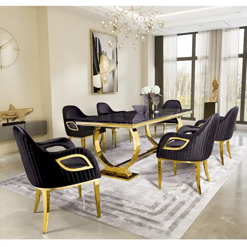 Dining Table with Circular Pedestal Base - Marble Texture Top, Seats 4-8 (Black/Grey/White)