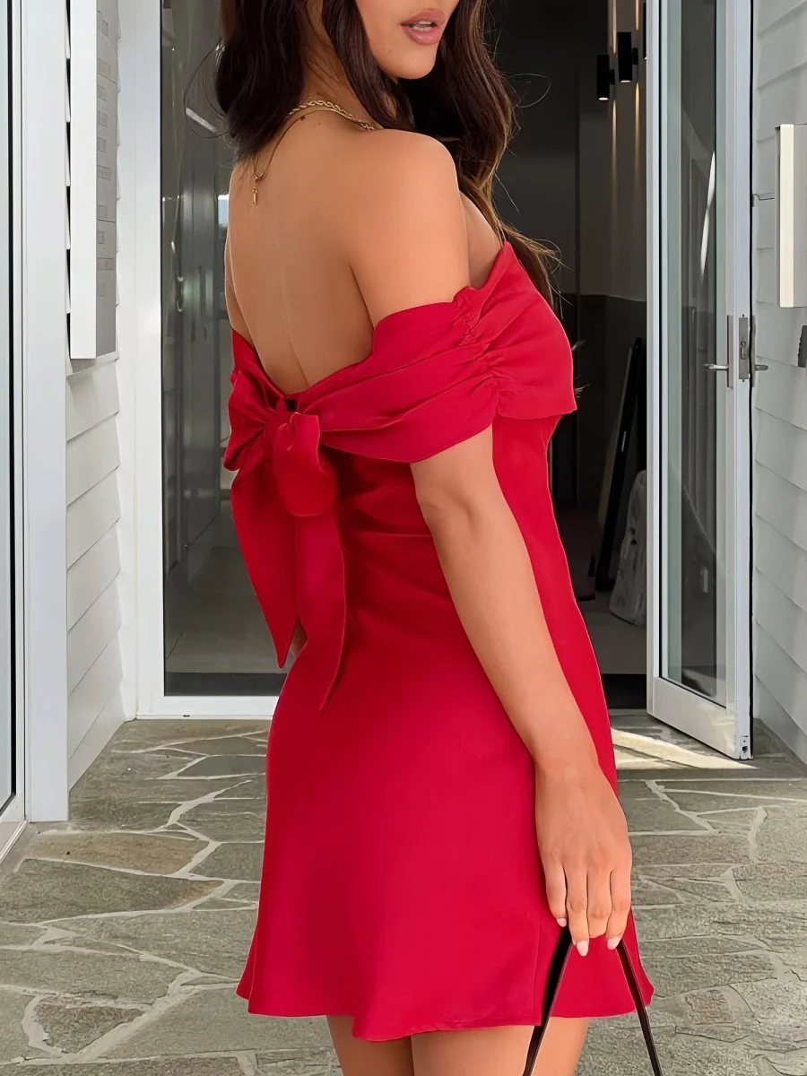 Red - Off The Shoulder Satin Sheath Homecoming Dress