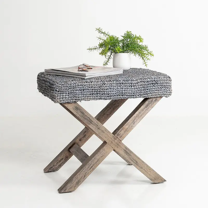Handmade Natural Raffia And Wood Ottoman by East at Main