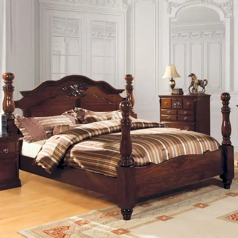 Dark Pine Antique-Style Turned Post Bed with Carved Headboard – Queen / King / California King