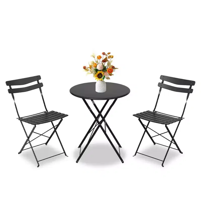 3 Piece Folding Patio Bistro Set, Outdoor/Indoor Bistro Table and Chairs Set with Metal Frame, Portable Round Table with 2 Chairs for Garden Porch