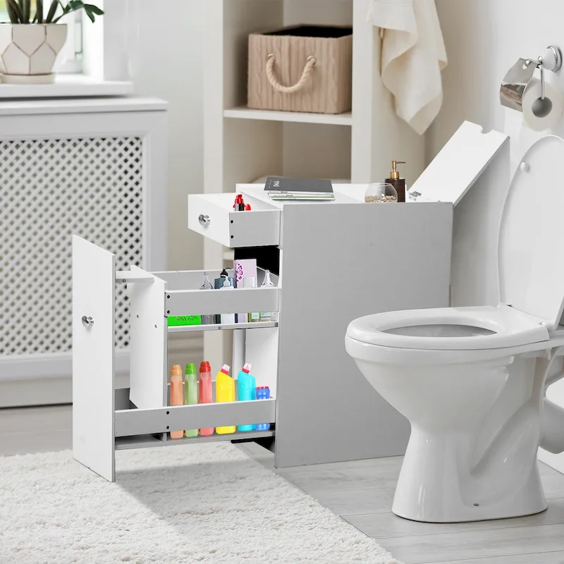 White Narrow Slide-Out Floor Cabinet with Drawers, Single Use