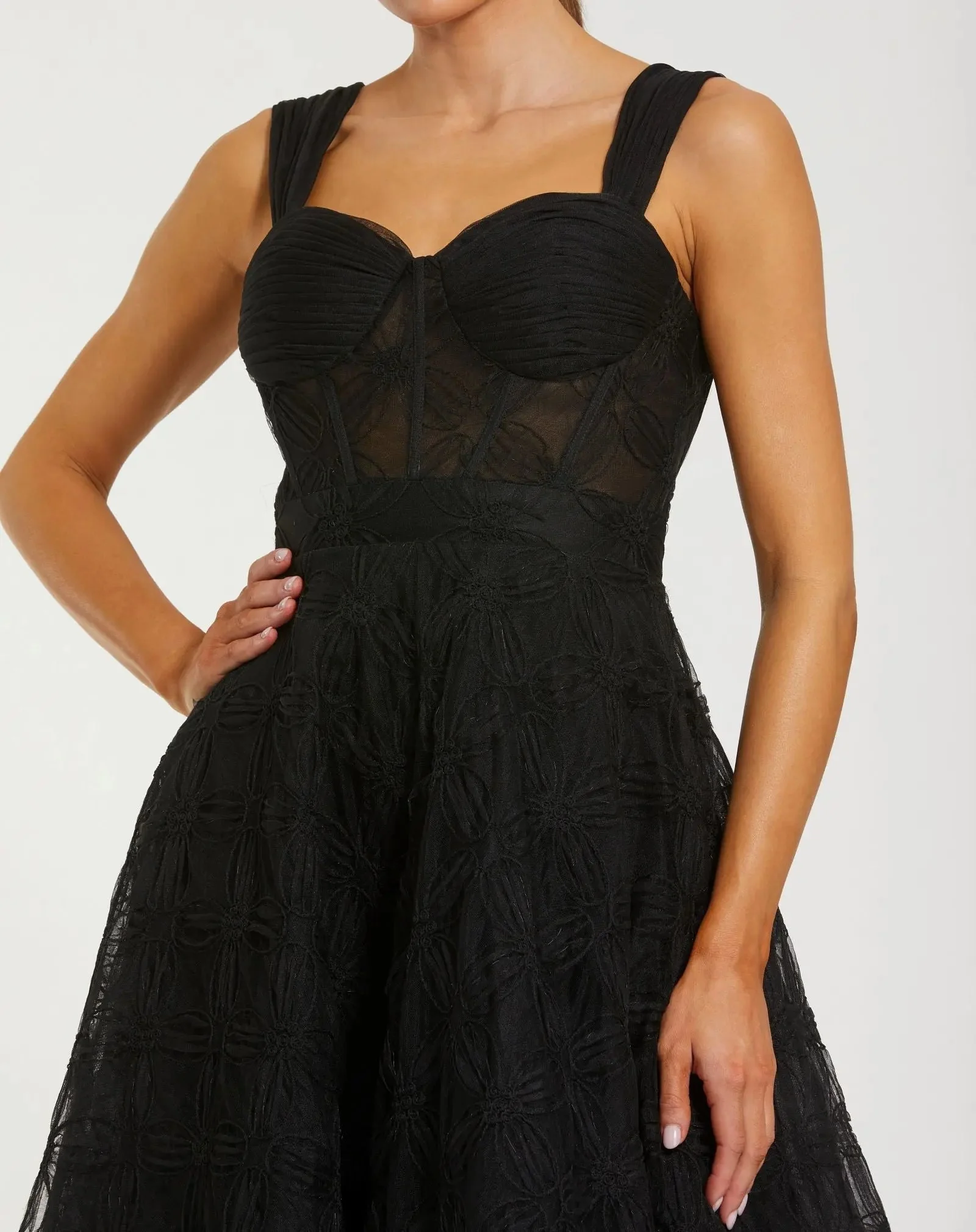 Black Bustier Sleeveless A-Line Tulle Midi Dress