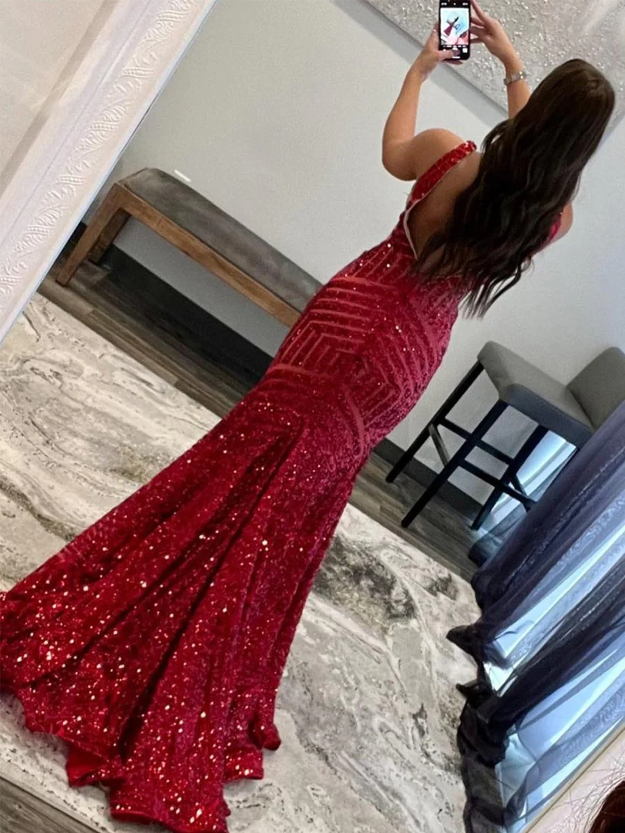 Deep V Neck Pink Sequins Mermaid Long Prom Dress