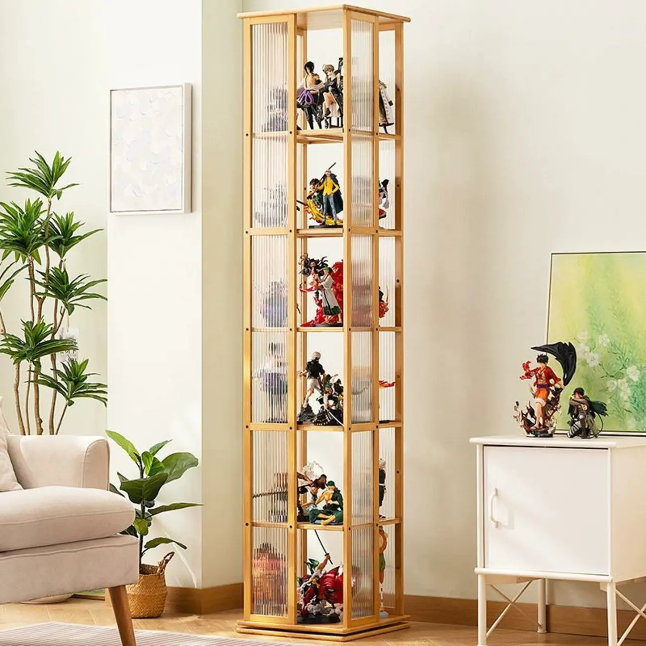 Modern Black Bamboo Tall Narrow Glass Open Display Cabinet