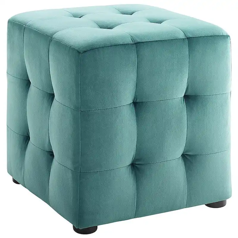 Harmony Teal Velvet Upholstered Tufted Cube Ottoman