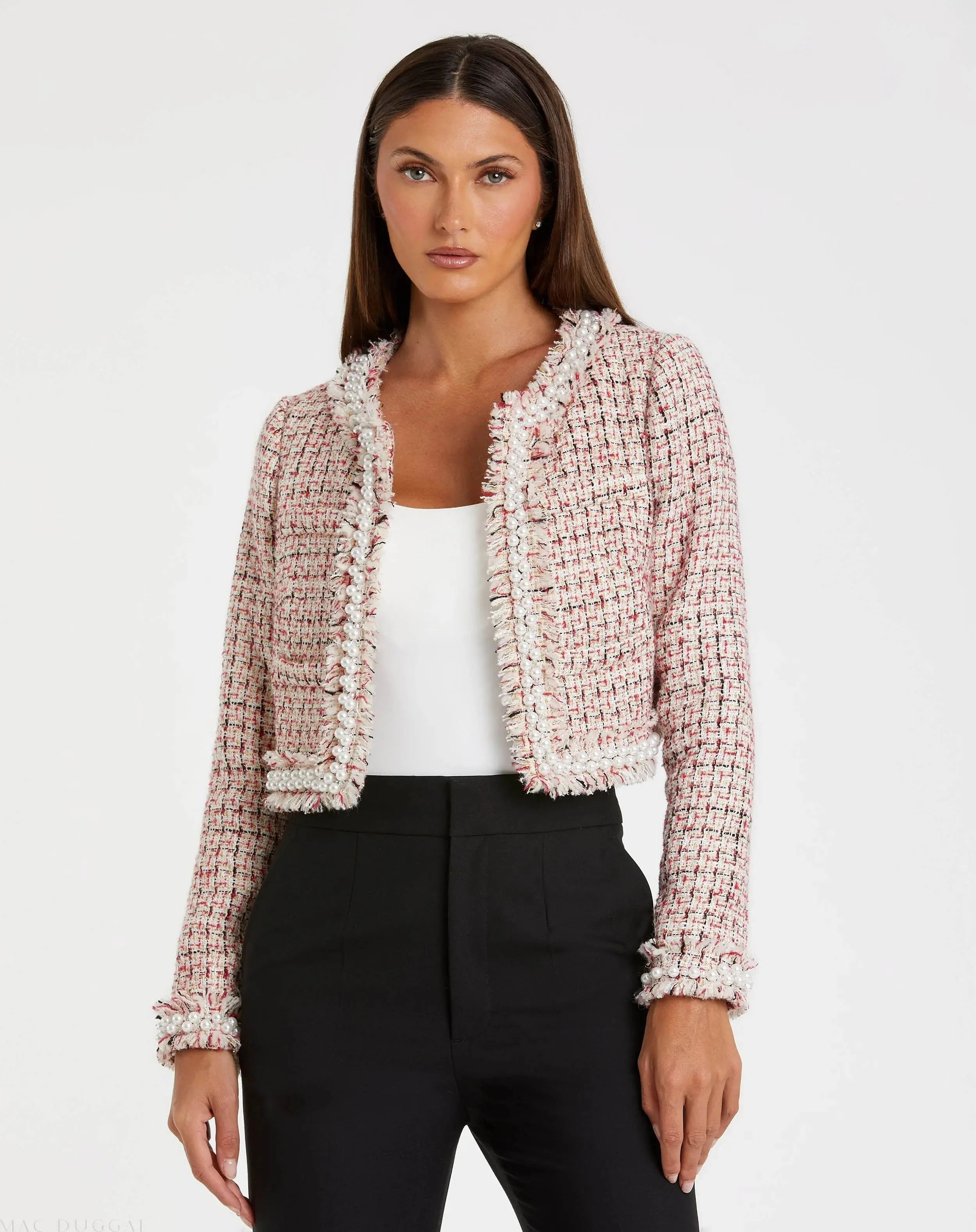 Multicolor Pearl Trim Long Sleeve Cropped Jacket