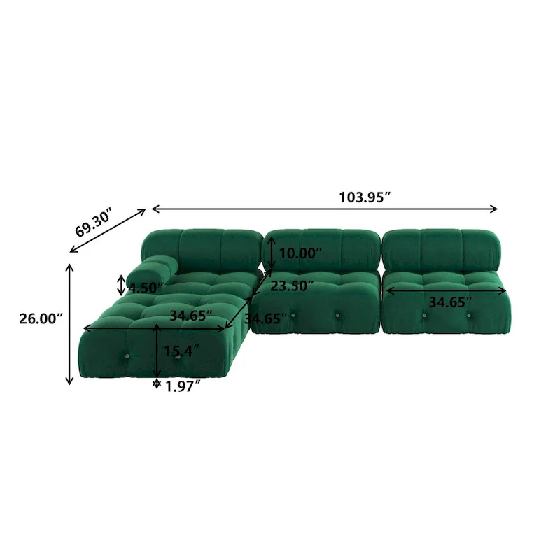 Velvet Sectional Sofa Reversible Modular Couch, Green