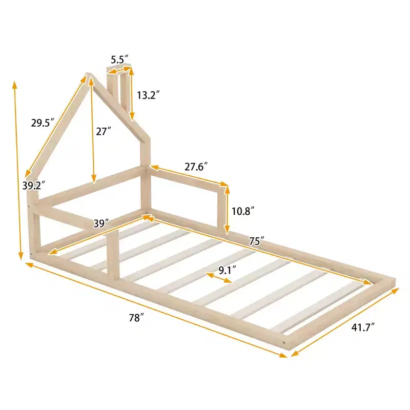 Sturdy Wood Full Size Floor Bed for Children, Cottage-Shaped Headboard with Chimney, Toddler Bed Frame, No Box Spring Required, Wood Platform Bed