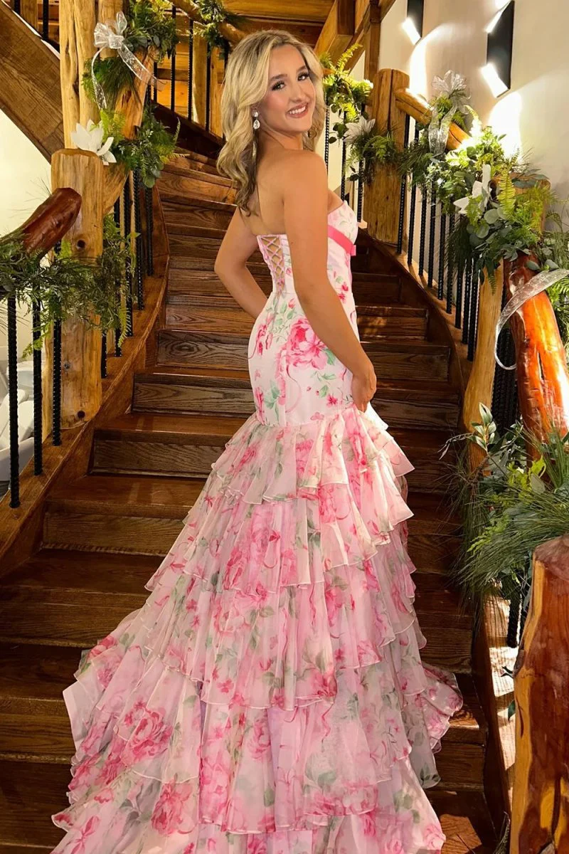 Blue Sheath Strapless Chiffon Ruffled Prom Dresses With Bow