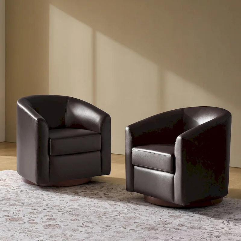 Haley Modern Swivel Barrel Faux Leather Chair with Solid Wood Base Set of 2 by HULALA HOME