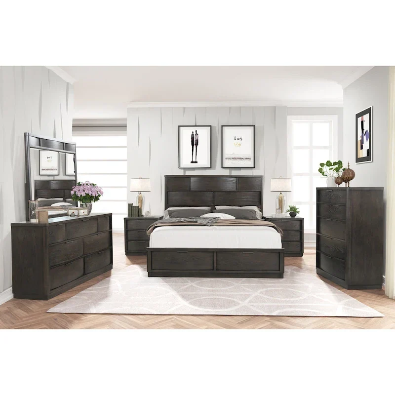 Wood Panel Bed Set, Bed, Dresser, Mirror, Two Nightstands, and Chest, Espresso
