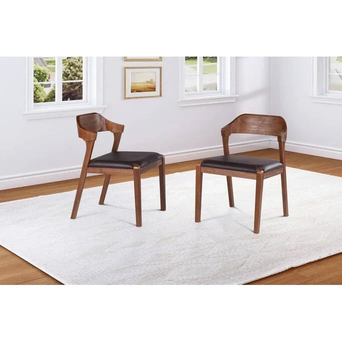 Mid-Century Rubberwood Dining Chair with Faux Leather Seat – Chestnut Wire-Brush