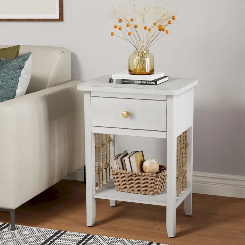 Distressed White End Table with Drawer