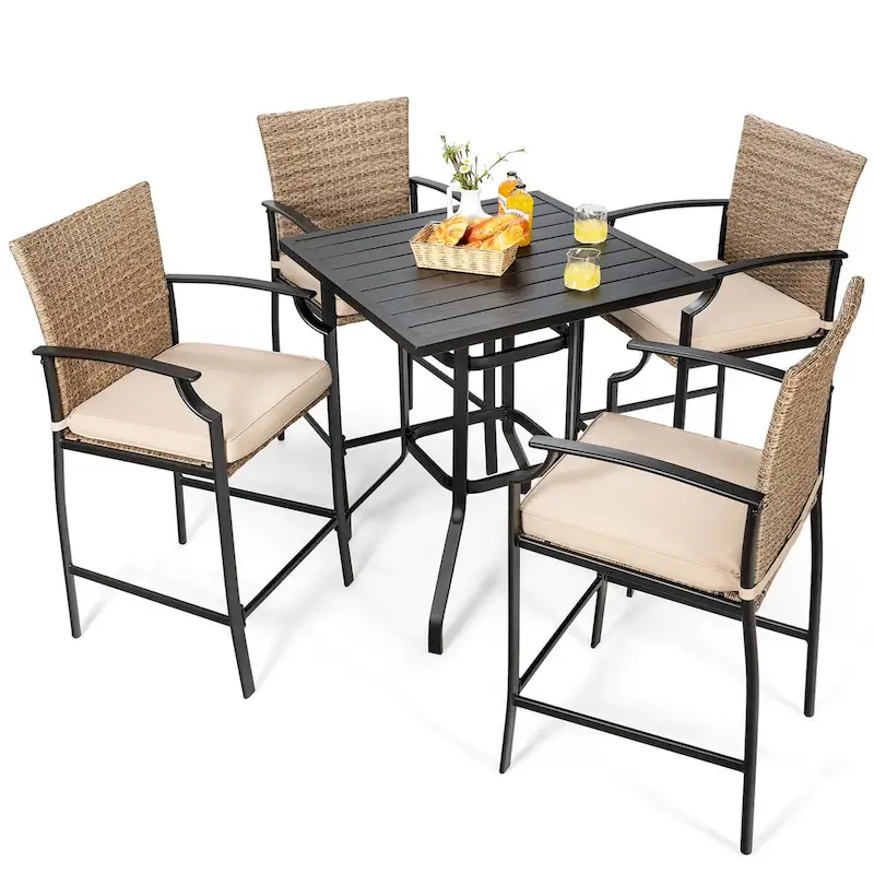 Costway 5PCS Outdoor Bistro Set Rattan Bar Stool Table Set with - See Details