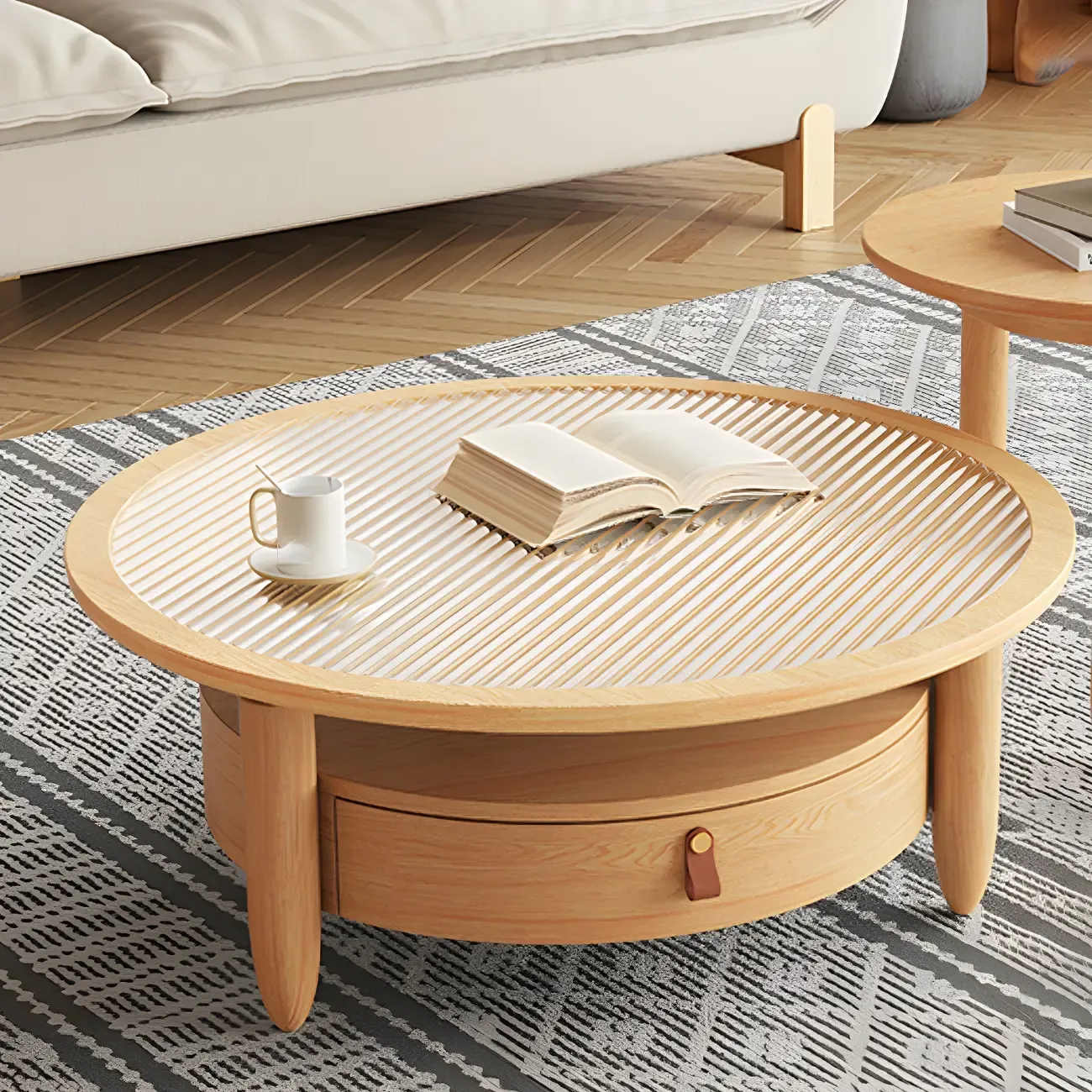 Brown Round Modern Wood Glass Drawer Coffee Table