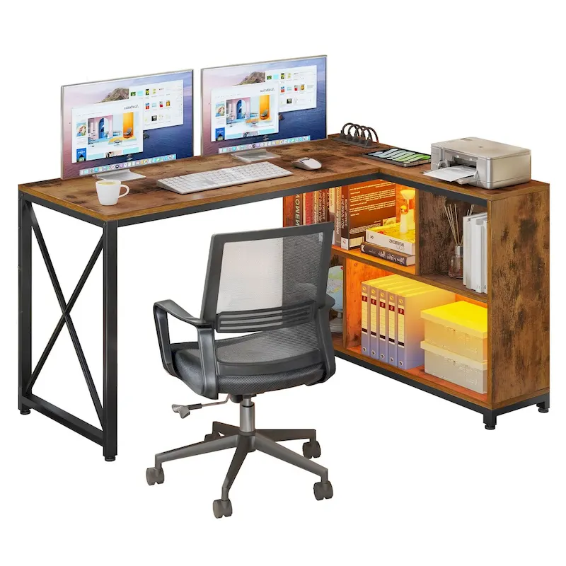 Brown / Grey / White Reversible L-Shaped Corner Desk with Shelves, RGB LED & Power Outlets, 1-Person