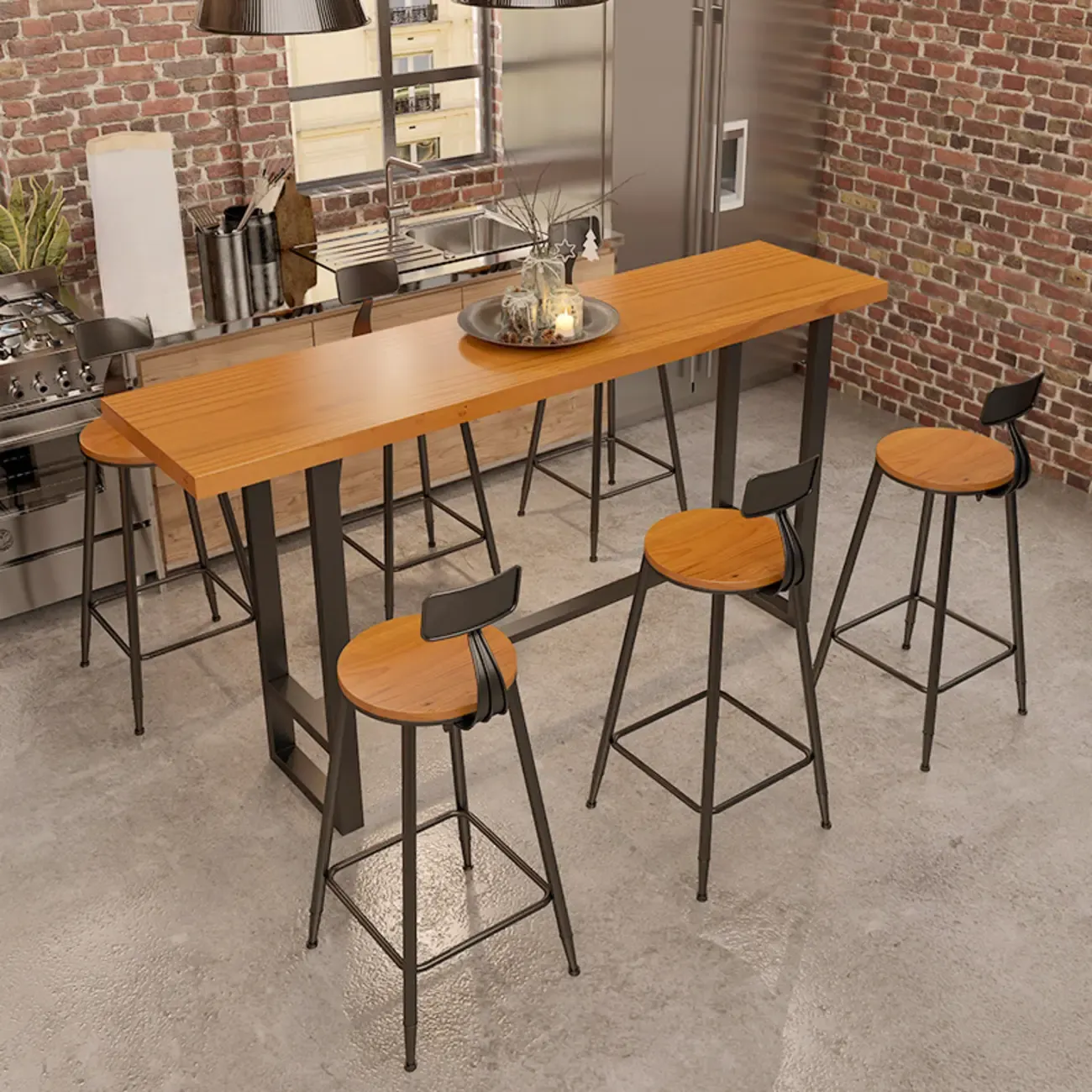 Industrial Wood Bar Table Set with Black Metal Base
