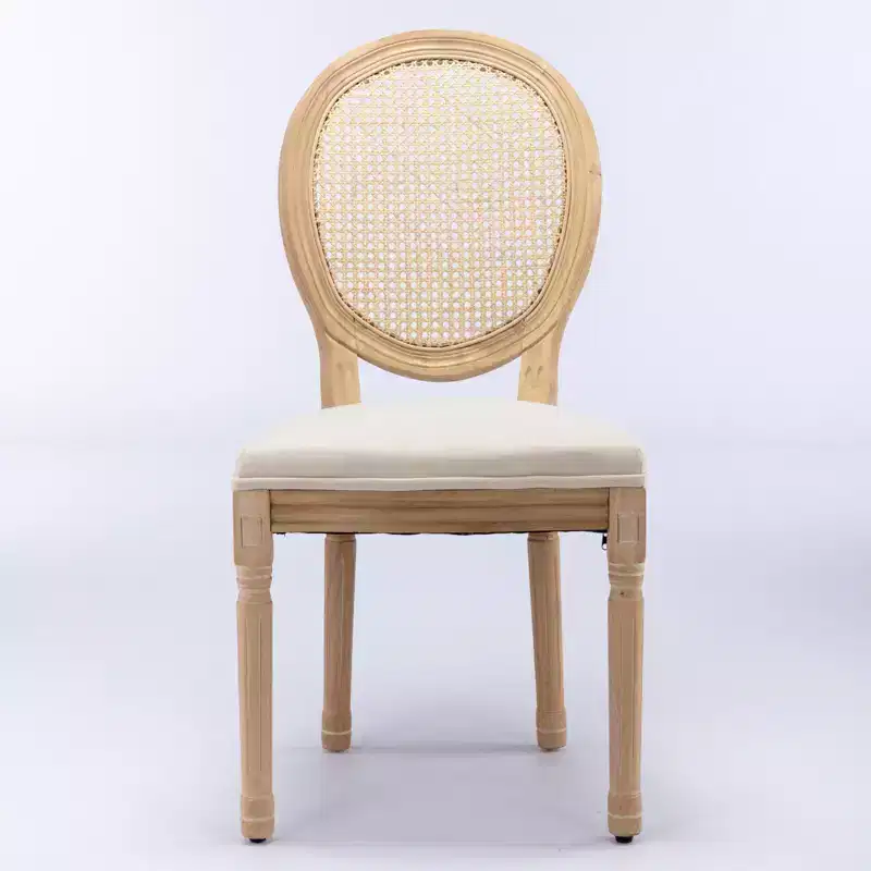 Set of 2 French Style Dining Chairs Upholstered Chairs Accent Chairs Armless Chairs with Rattan Back/Upholstered Back, Natural+Beige/Gray-ModernLuxe
