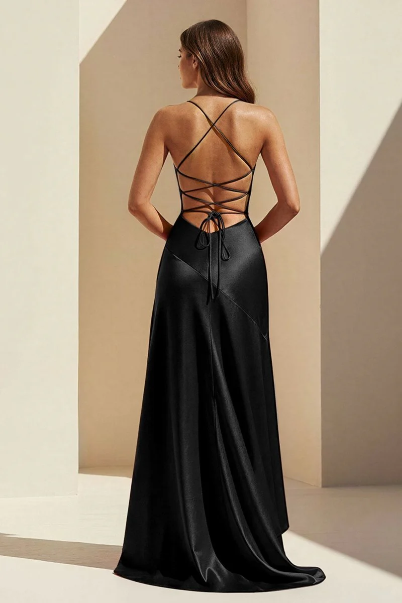 Black - Spaghetti Straps Sheath Satin High Low Prom Dresses With Ruffles