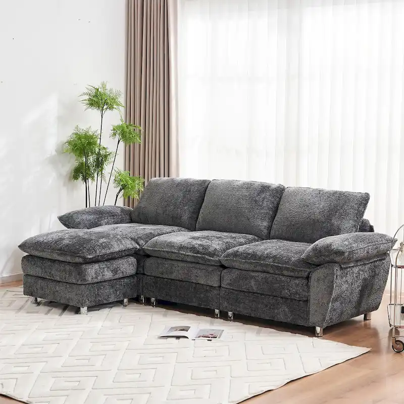 Modern Deep 3-Seat Sofa Couch with Ottoman