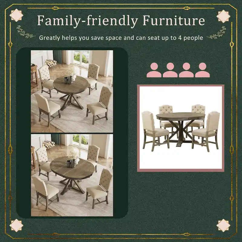 Dining Table Set with Extendable Table and 4 Upholstered Chairs