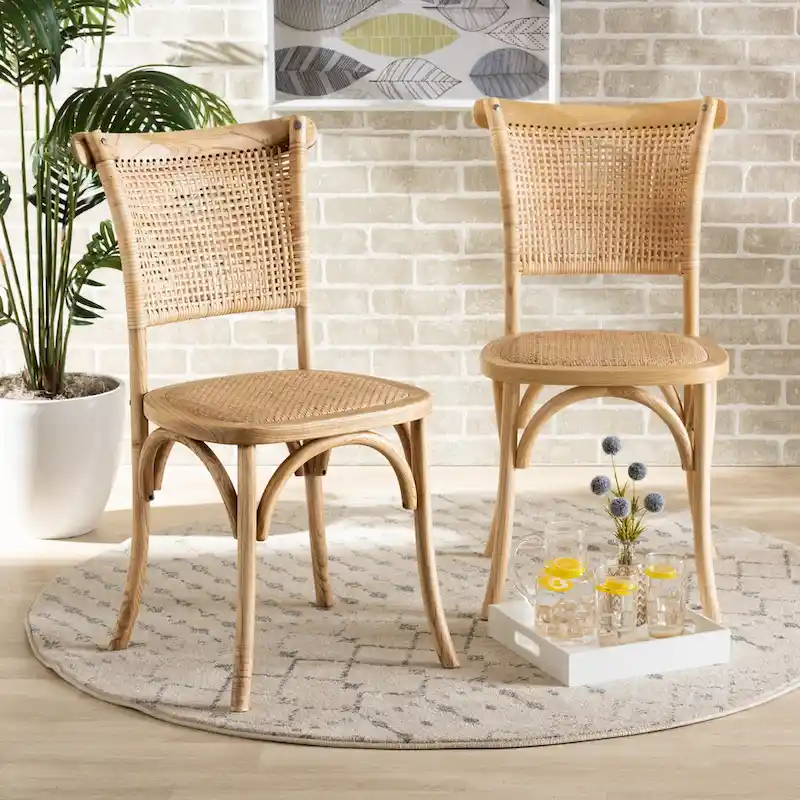 Fields Mid-Century Woven Rattan and Natural Wood Dining Chair Set (2PC)