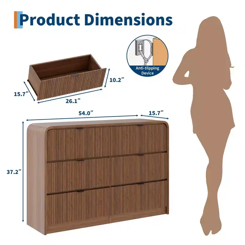 Walnut / Wood Color Fluted 8-Drawer Wide Dresser – Modern Style, 1-Person Assembly