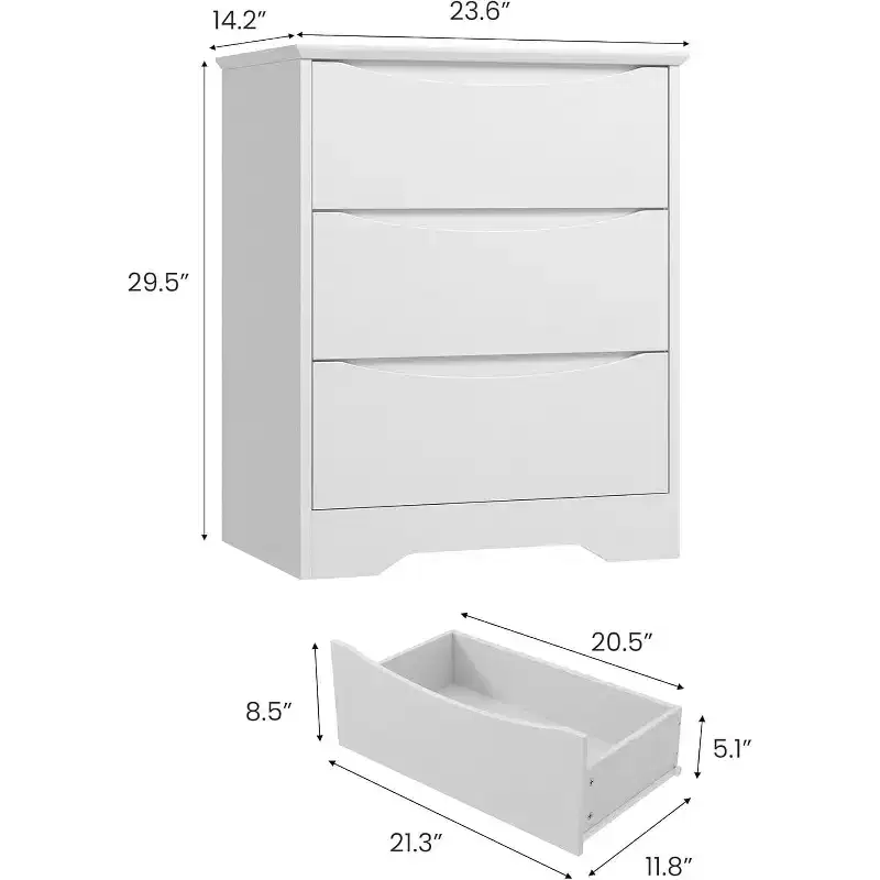 CuisinSmart Wooden Dresser with 3 Drawers, Tall Modern Closet with Deep Storage, Long Storage Dresser for Bedroom, Living Room, White