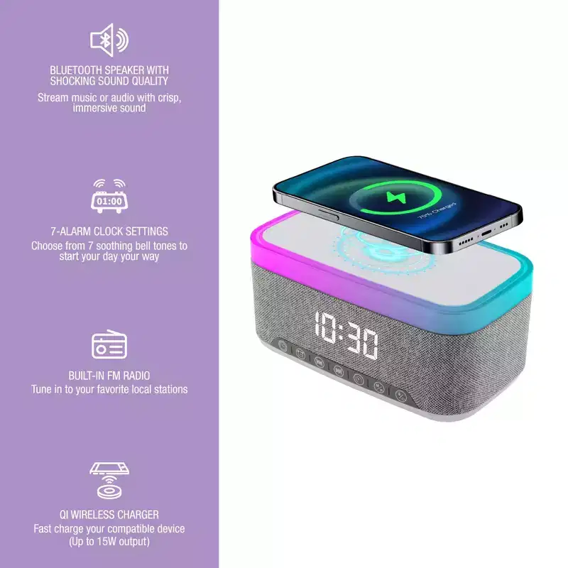 Pursonic All-in-One Alarm Clock with Bluetooth Speaker, FM Radio & Qi Wireless Charging  Your Complete Nightstand Companion