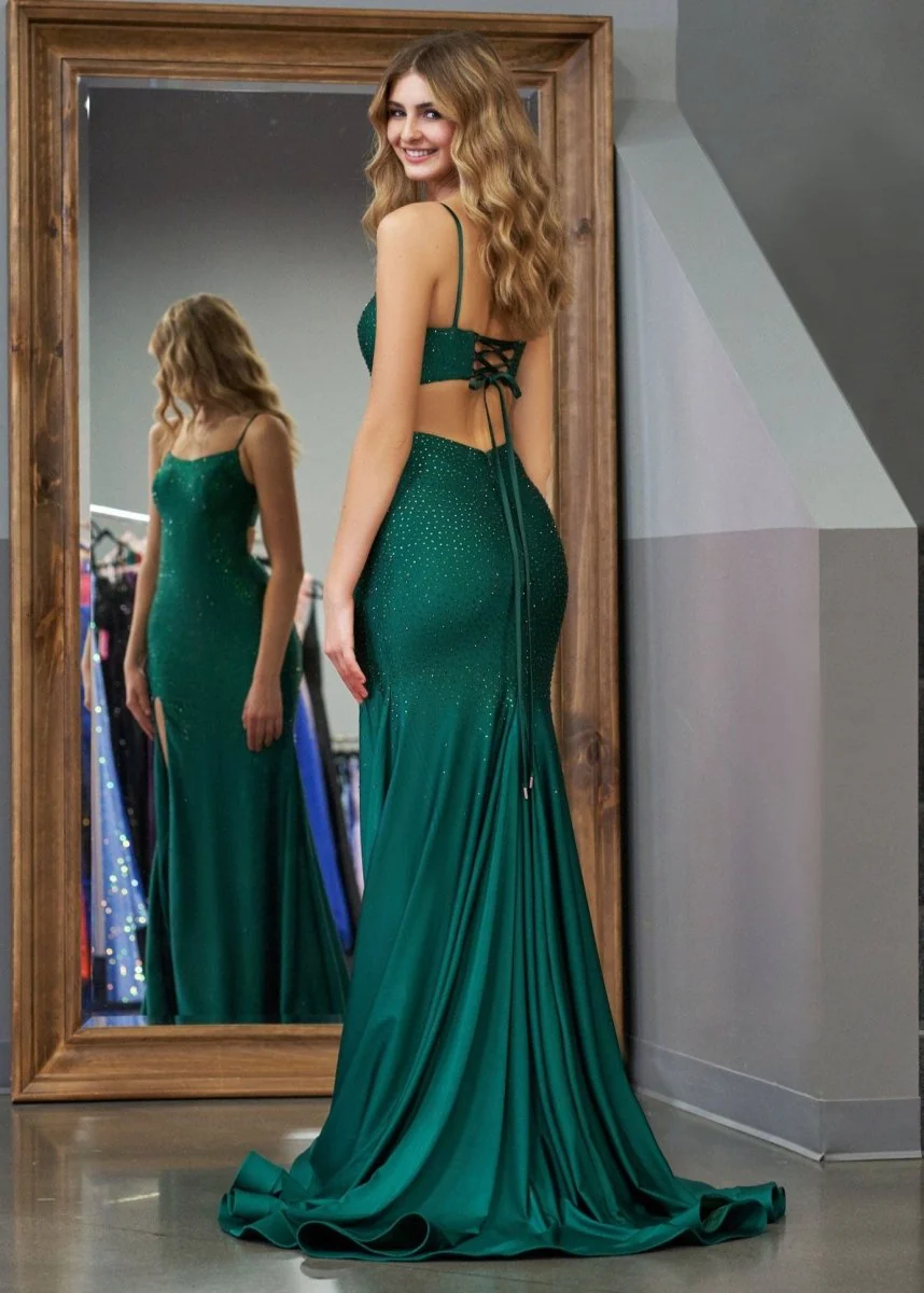 Mermaid Spaghettti Strap Beaded Satin Prom Dress with Slit