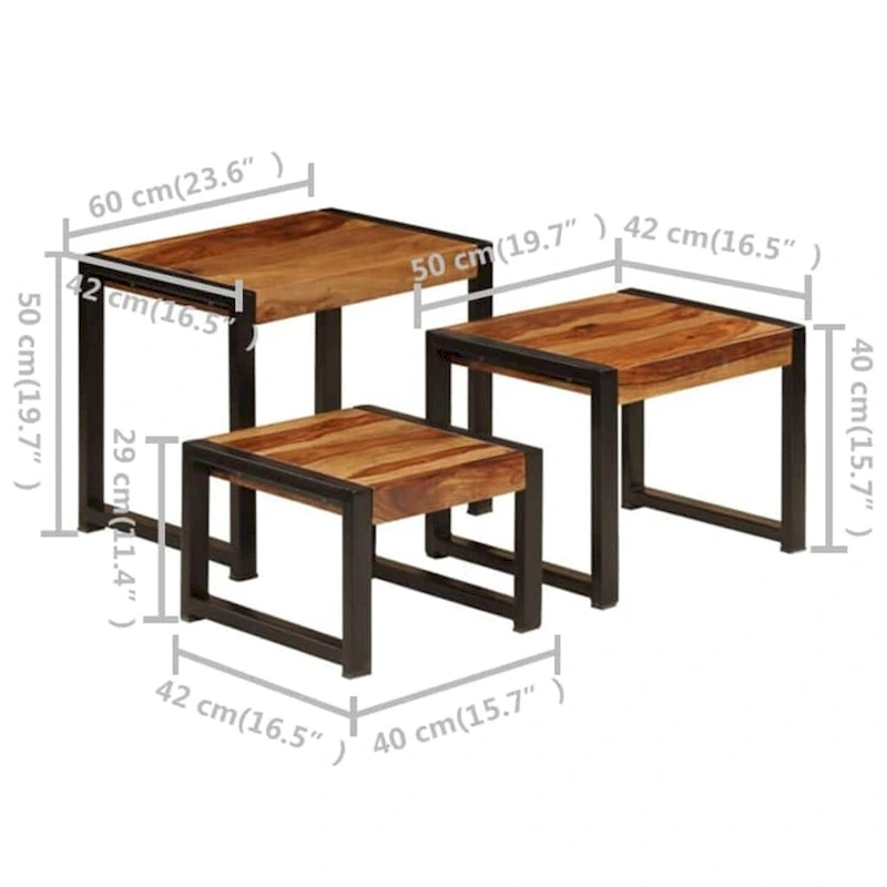 vidaXL Nesting Tables Set of 3, Sheesham Wood, Black Steel Frames