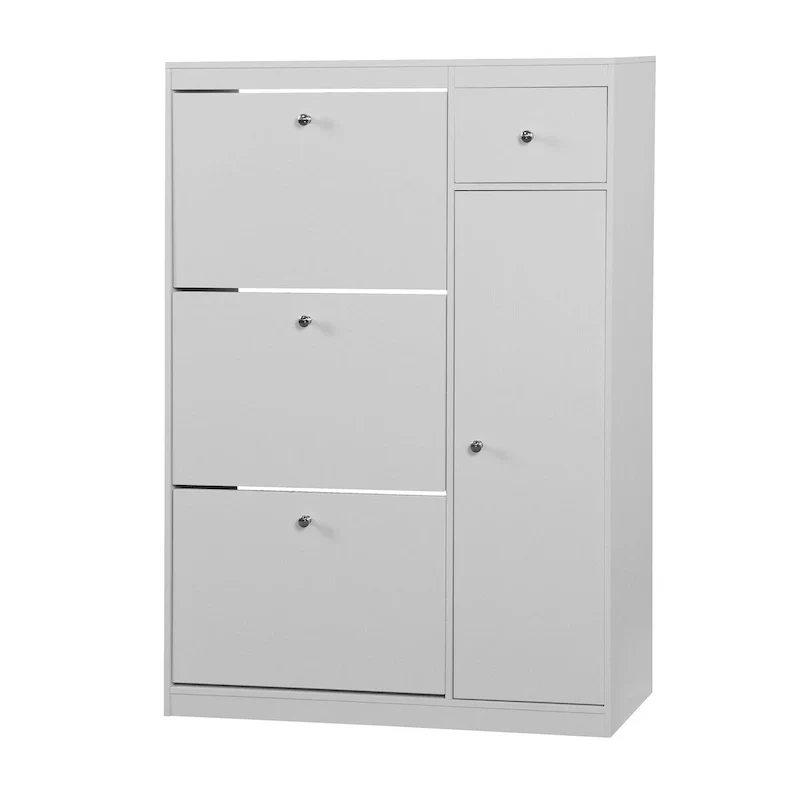 White Narrow Shoe Cabinet with 3 Flip Drawers & Side Shelf, Fits 20+ Pairs