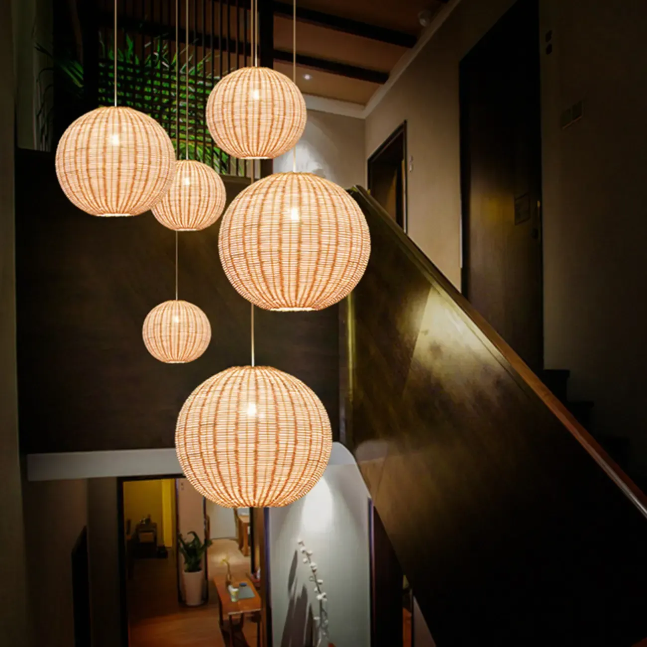 Oriental Beige Rattan Globe Pendant Light Fixture for Indoor